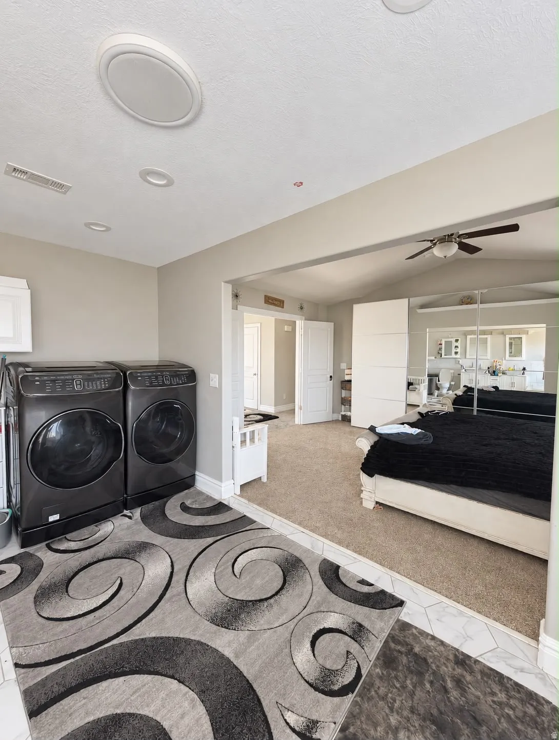 Recessed lighting, ceiling-mounted speaker, and ceiling fan