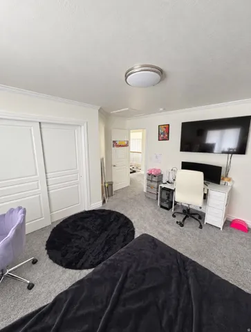 Wall-to-wall carpeting with crown molding, double sliding closet doors, and recessed lighting