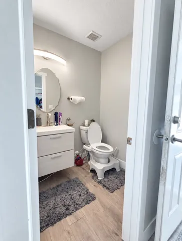 Floating vanity with dual drawers, wood-finish flooring, and a decorative mirror