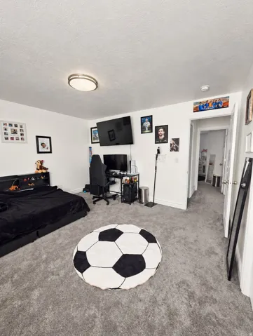 Recessed ceiling lighting, light gray wall paint, and gray carpeting