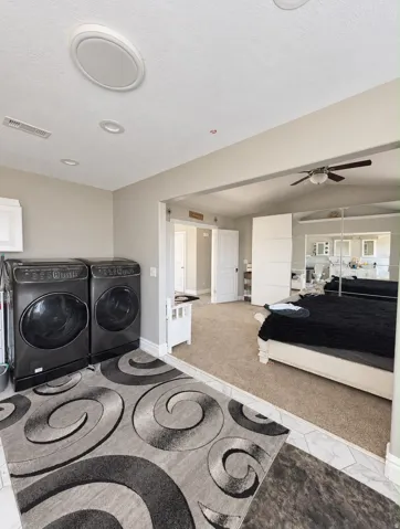 Recessed lighting, ceiling-mounted speaker, and ceiling fan