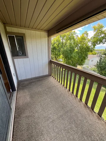 Outdoor patio with a protective railing, a neutral-toned carpet surface, and a window with horizontal blinds