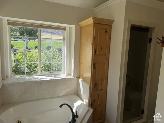 Corner soaking tub with a dark bronze-finish faucet, adjacent window with grid panes, built-in vertical wood-finish cabinetry, and a glass-enclosed shower with a dark bronze-finish handle