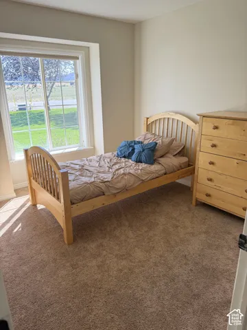 Wall-to-wall carpeting with neutral wall tones and a window with white trim