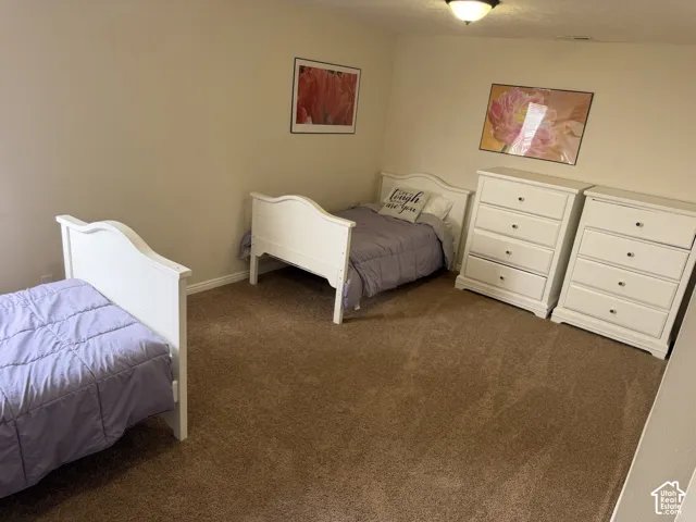Carpeted room featuring light neutral wall paint and a flush-mount ceiling light