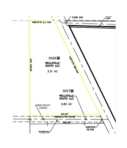 Plat Map, Parcel Delineation. Illustrating the boundaries and acreage of parcels 0026 and 0027, owned by Wellsville South LLC