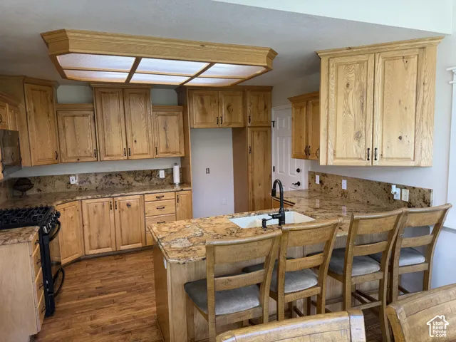 Extensive wood-finish cabinetry and trim, patterned countertops, wood-finish flooring, a built-in sink with a gooseneck faucet, and a large central island