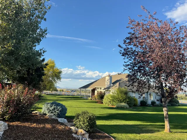 Expansive lawn featuring mature trees and established landscaping