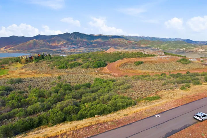 Expansive undeveloped land featuring natural foliage and a paved road, set against a mountainous backdrop