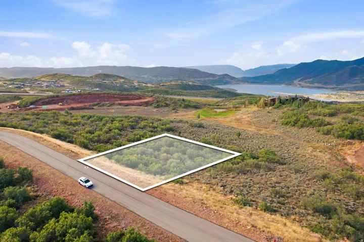 Property with paved road frontage, natural landscaping, and a distant lake