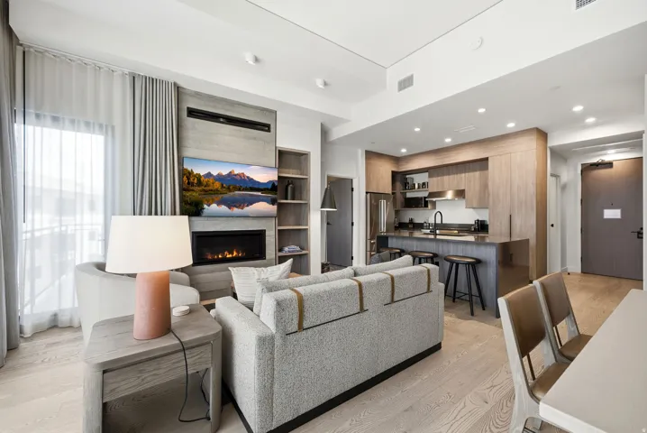 Open-concept living space with wood-finish flooring, a contemporary fireplace, and built-in shelving