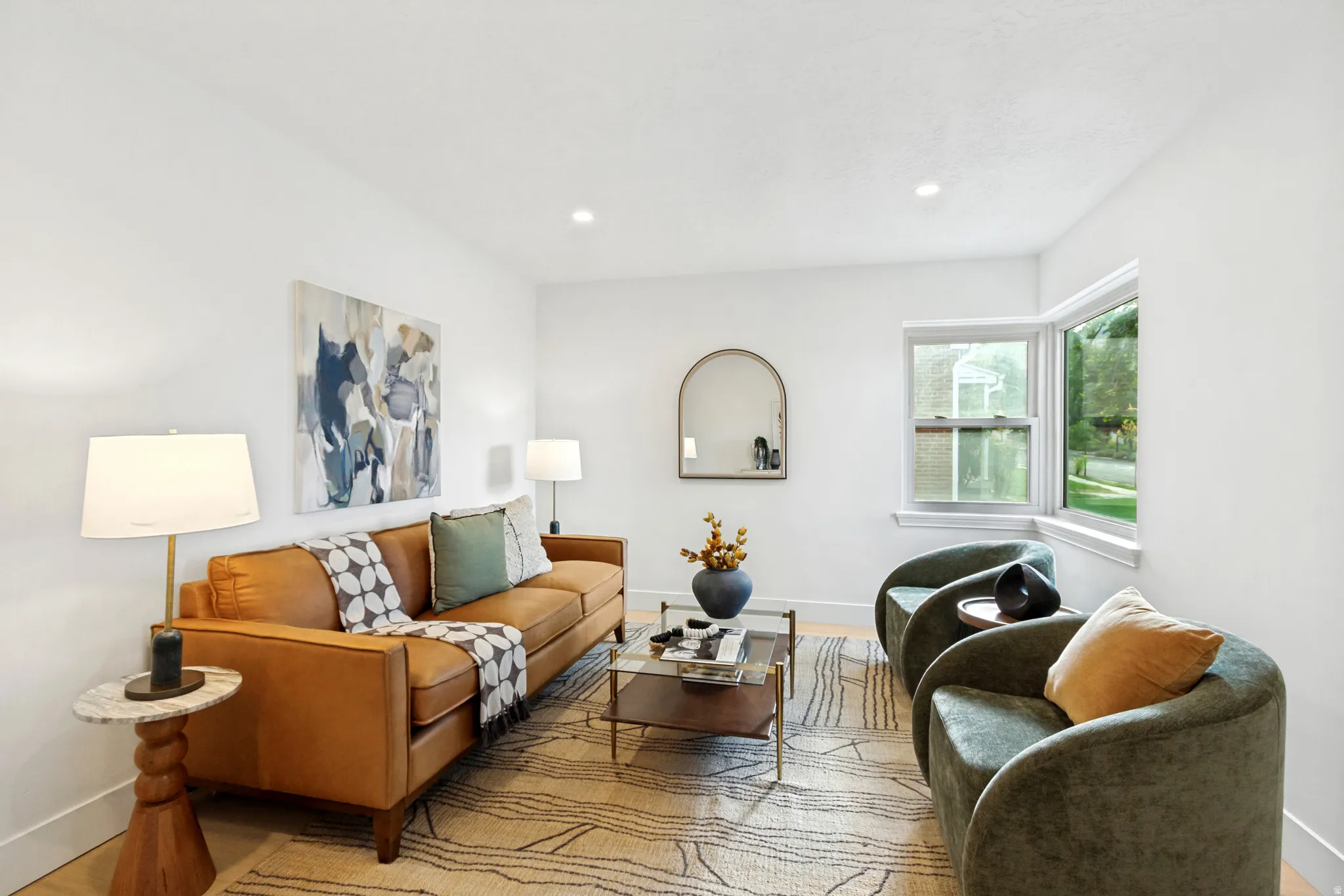Recessed lighting illuminates the bright interior