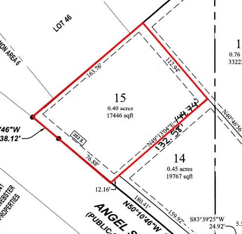 Survey Plat. Illustrating Lot 15 with its dimensions and area in acres and square feet, alongside adjacent parcels and public right-of-way information