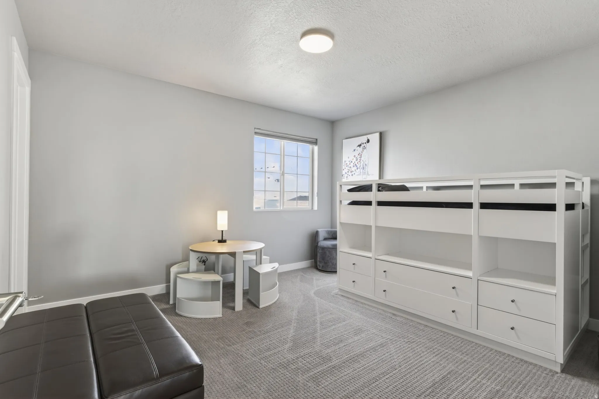 Neutral wall color, window with grid panes, textured carpet flooring, recessed ceiling light, and built-in storage unit