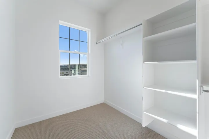 Neutral-toned carpeting, built-in shelving, hanging rod, and a window with grid-pane detailing