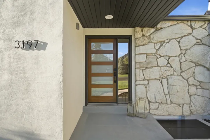 Modern wood-finish entry door with frosted glass panels, complemented by a stone facade and stucco exterior