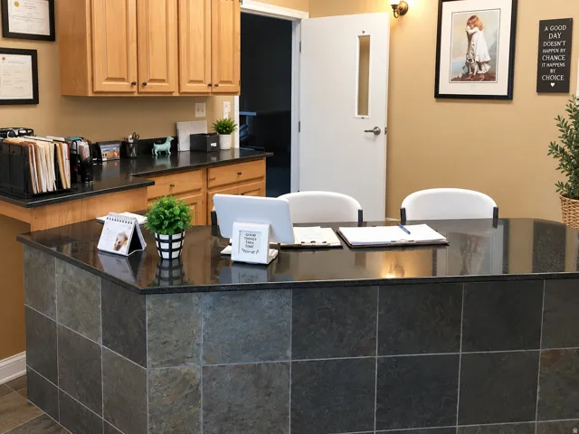 Tiled reception desk with a polished dark countertop, light wood-finish cabinetry, and neutral wall paint