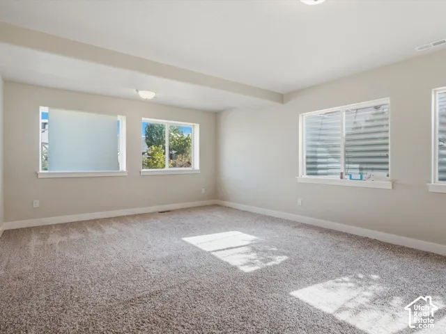 Spacious room with light neutral carpet and multiple windows
