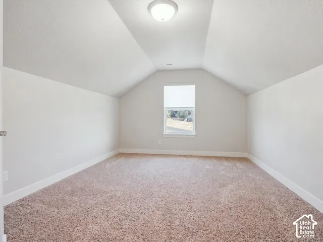 Vaulted ceiling with an overhead light fixture, single window, and neutral carpeting