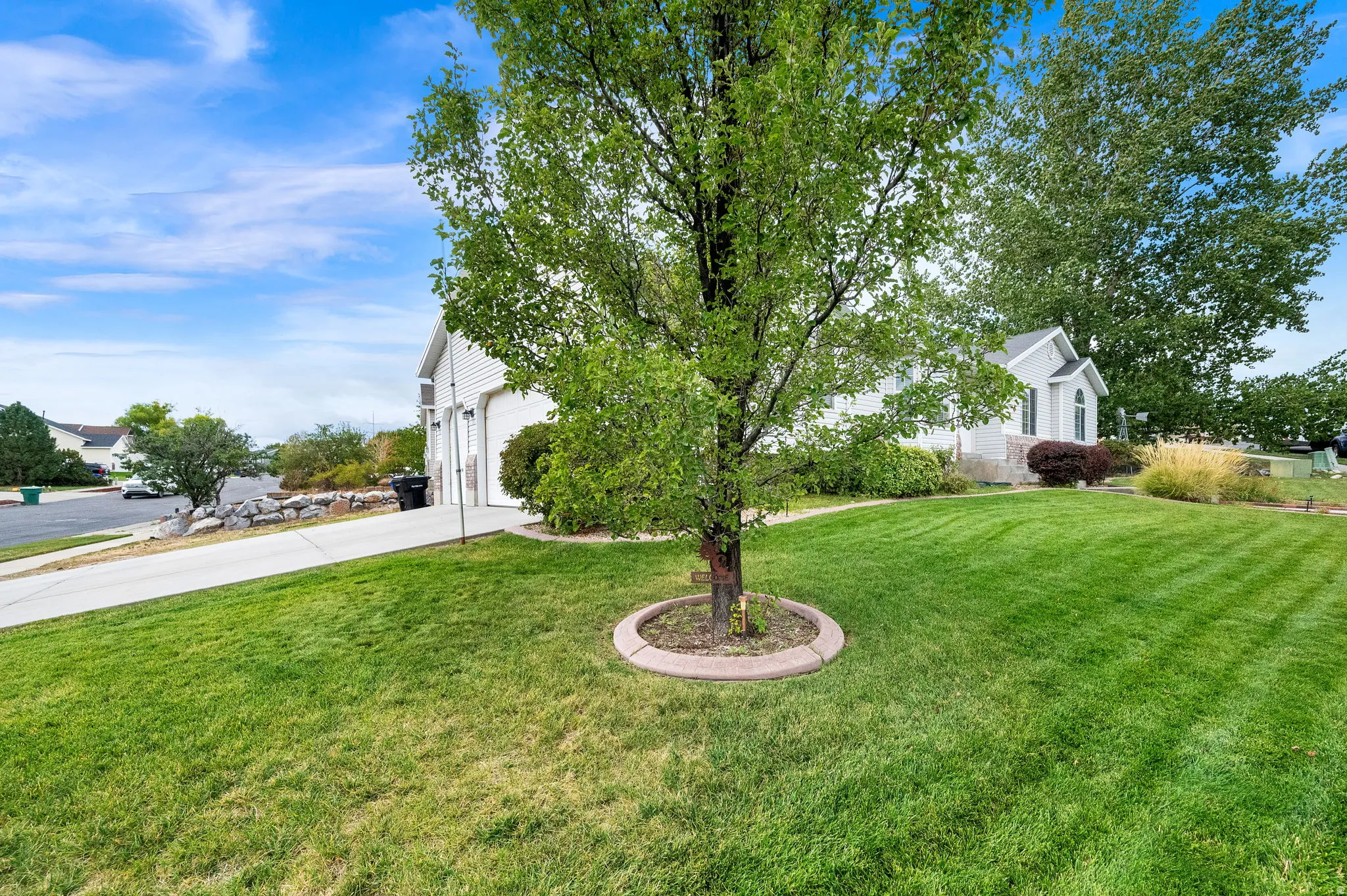 Manicured lawn, mature trees, concrete driveway, stone retaining wall, and established landscaping