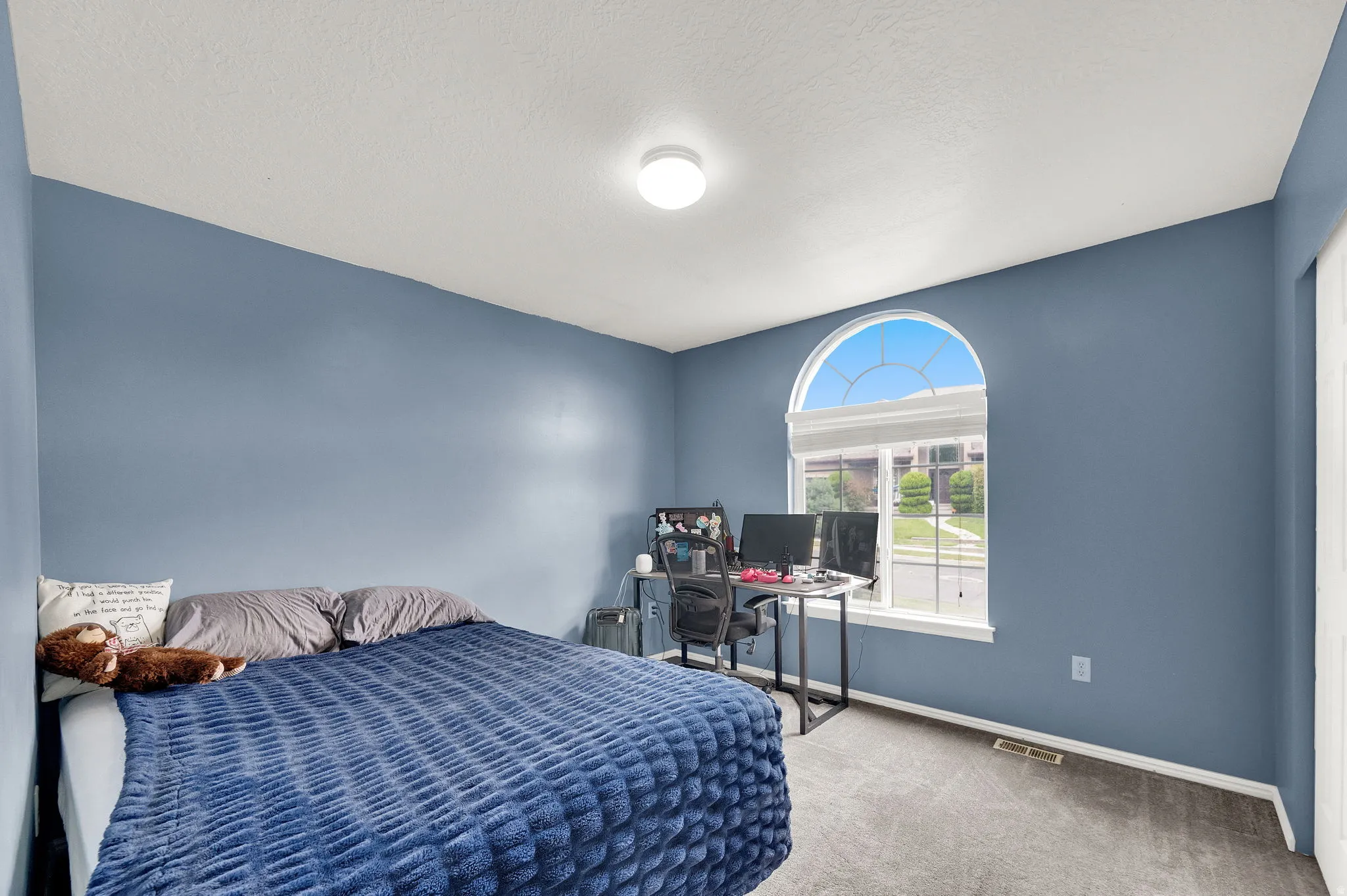 Arched window with white trim, wall-to-wall carpeting, and a built-in light fixture