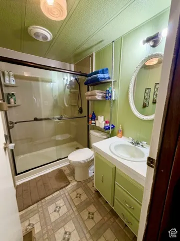 Bathroom with a shower enclosure, toilet, and vanity featuring a built-in sink and green cabinetry