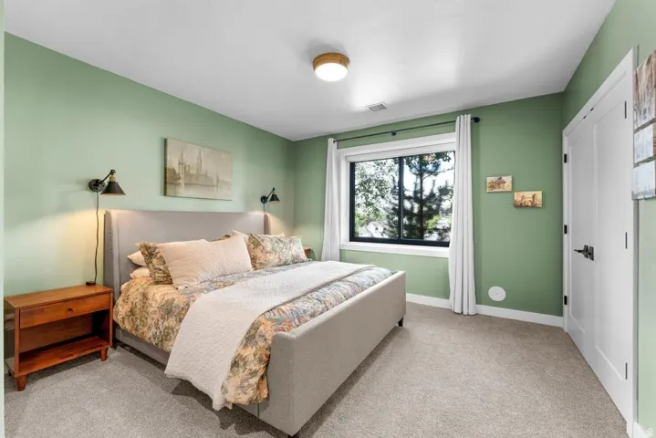 Plush carpet flooring, recessed window with black trim, and a contemporary ceiling light fixture
