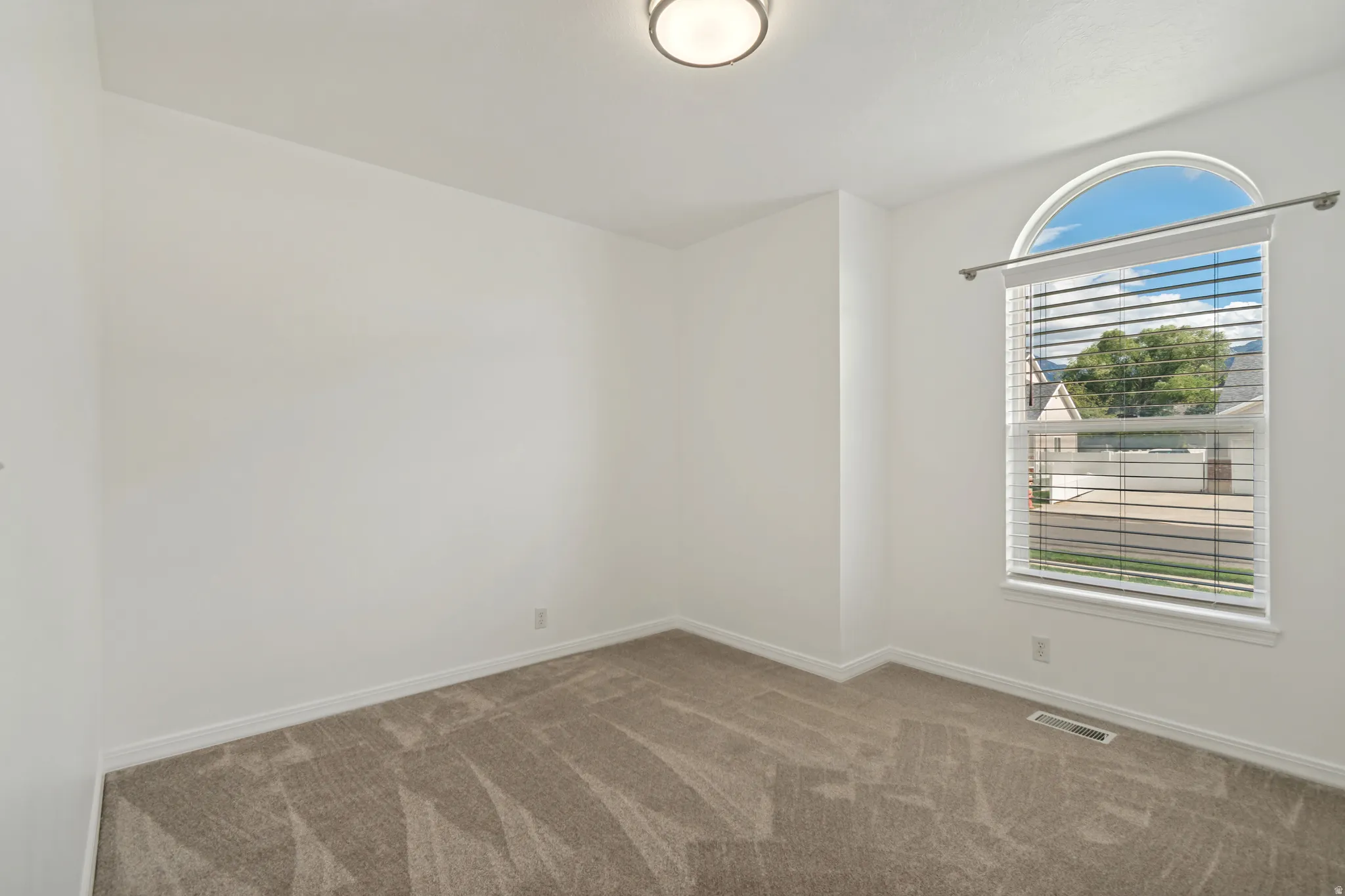 Arched window with blinds, overhead flush mount light fixture, and neutral wall-to-wall carpeting