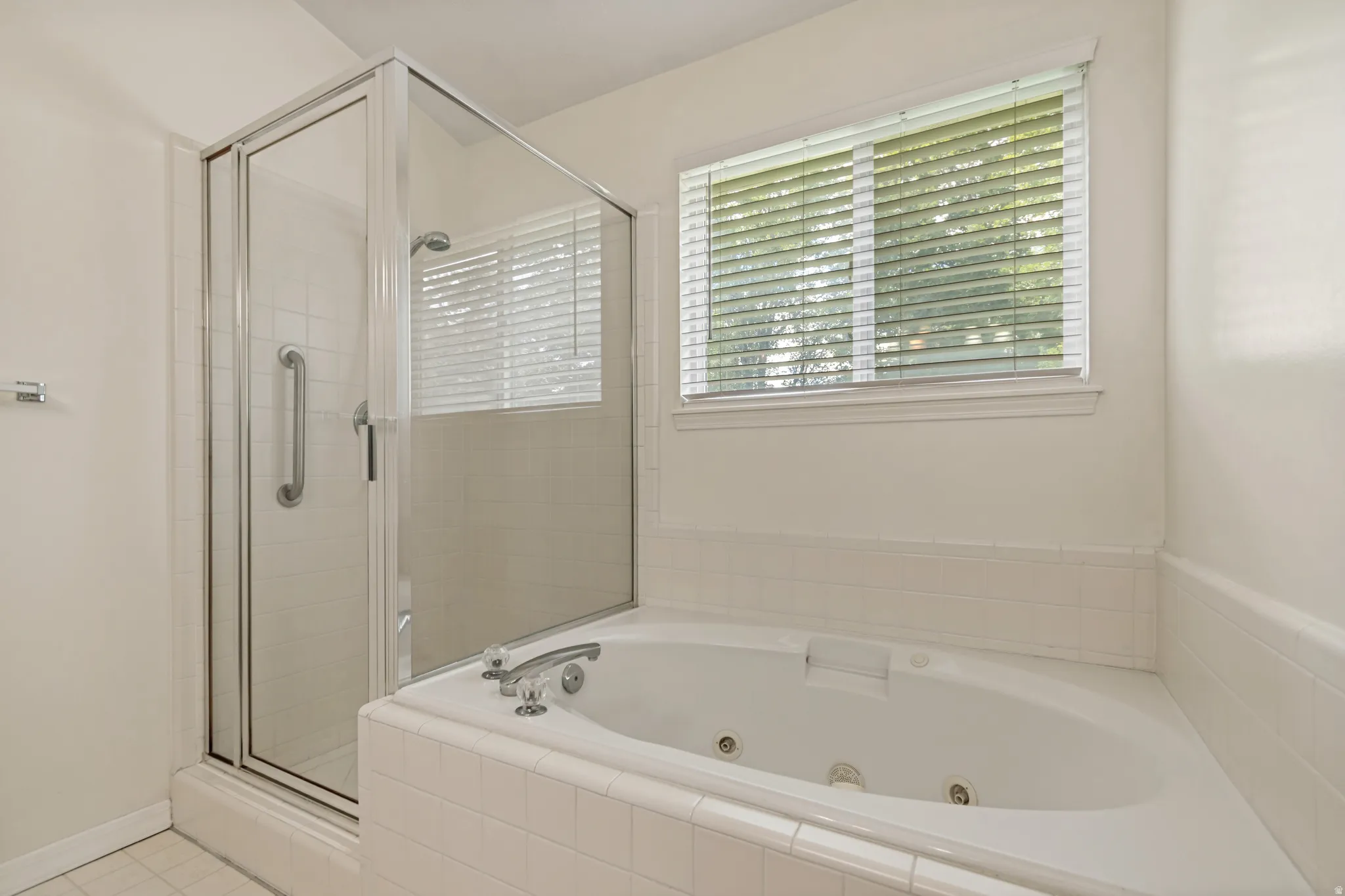 Enclosed shower with glass door, deep soaking tub, and a window with horizontal blinds