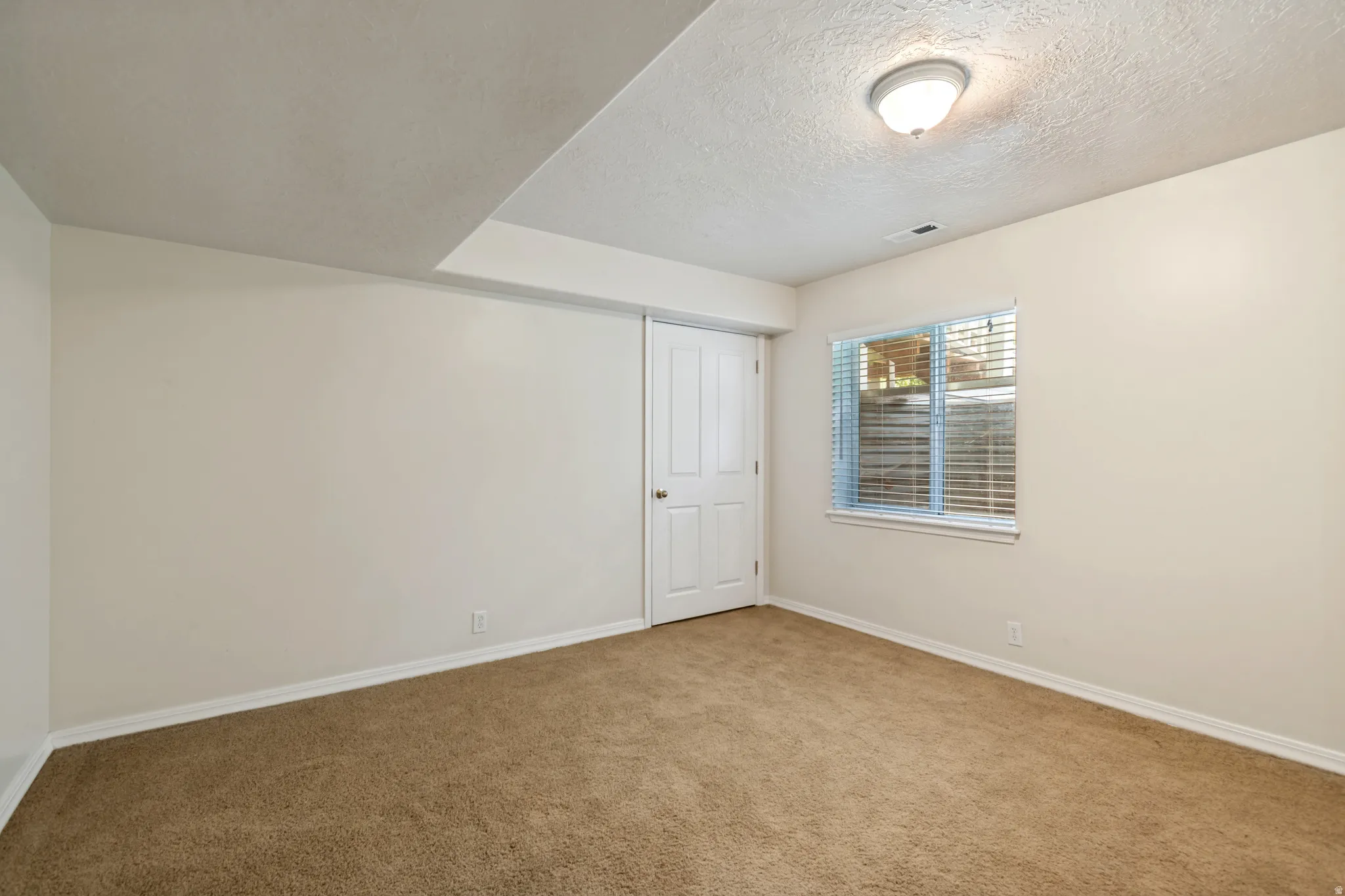 Brown carpet flooring, neutral painted walls, white trim, window with blinds, and white paneled doors