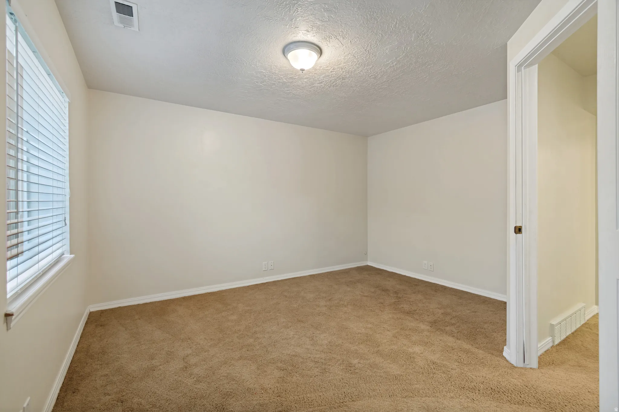 Neutral color palette with carpeted flooring, window blinds, and a flush-mount ceiling light fixture