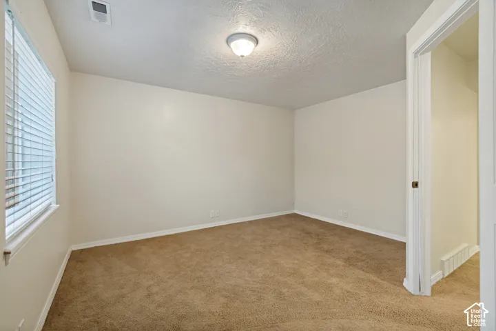 Neutral color palette with carpeted flooring, window blinds, and a flush-mount ceiling light fixture