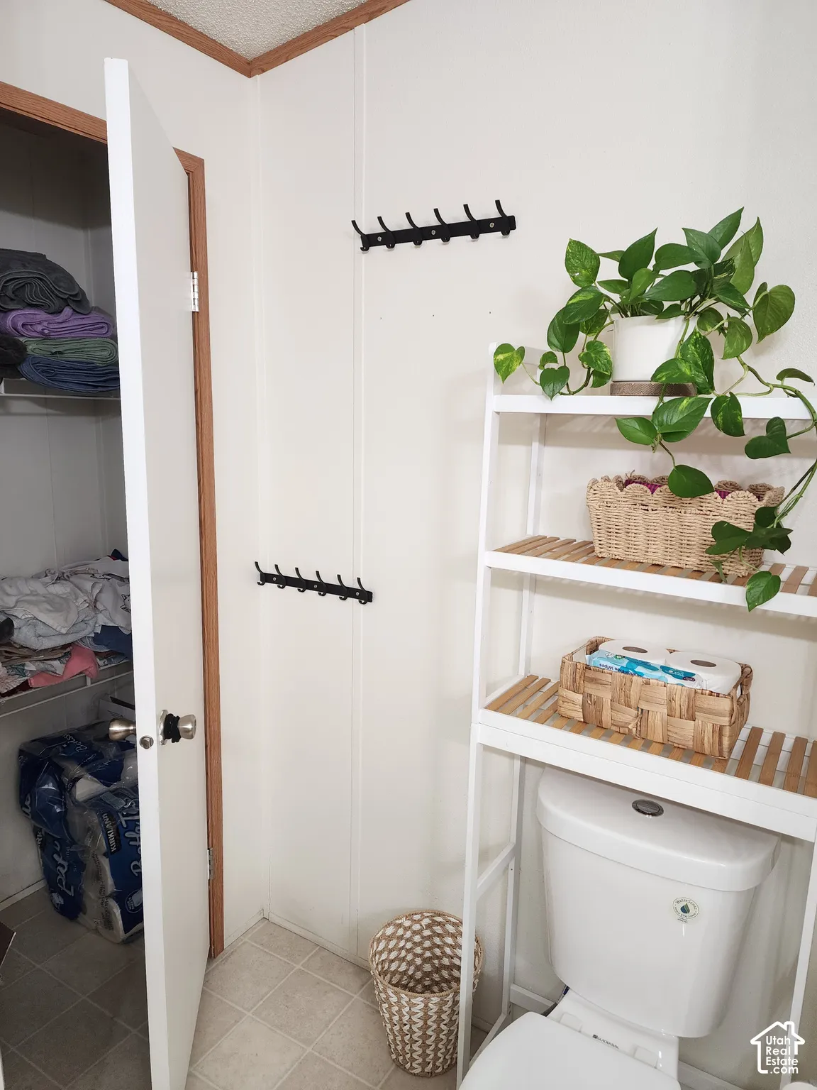 Wall-mounted black metal hooks and a built-in closet featuring wire shelving