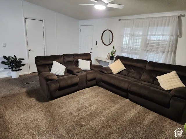 Neutral-toned wall-to-wall carpeting, ceiling fan with integrated lighting, and tiered window treatments