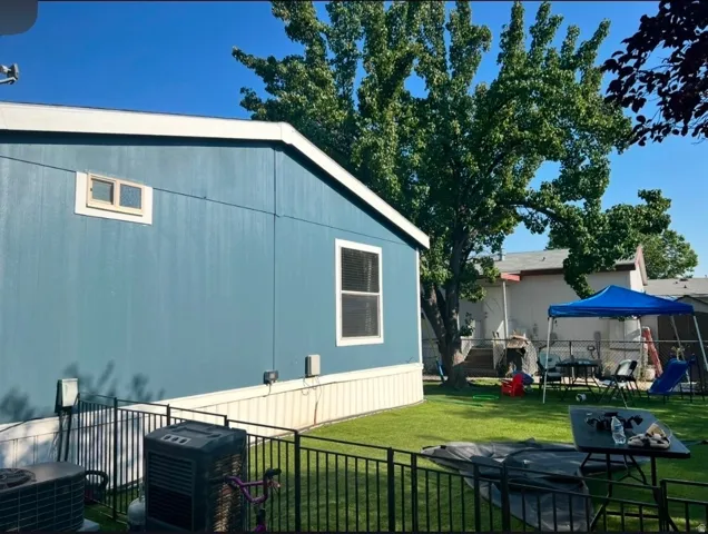 Blue exterior siding with white trim, featuring a side window and a large shade tree