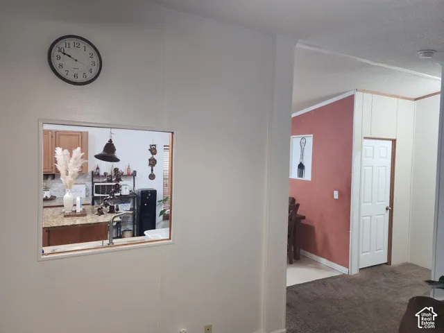 Interior wall cutout featuring wood trim, stone-surface countertop, and stainless steel sink fixture, paired with a multi-panel interior door