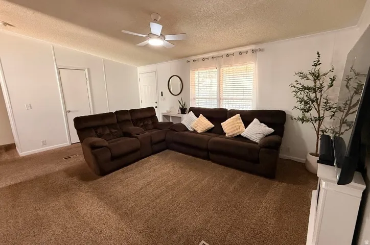 Recessed lighting, ceiling fan, and window blinds