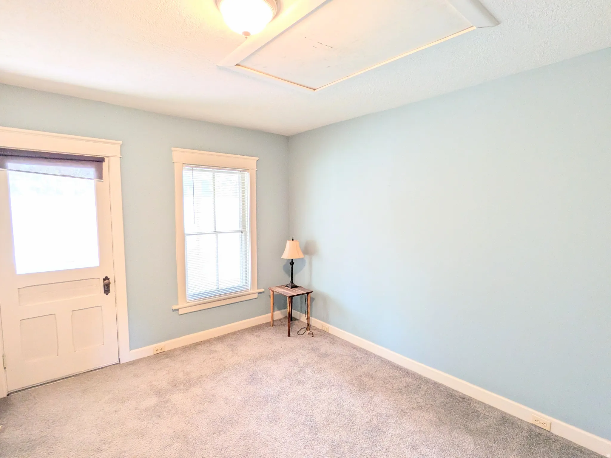 Recessed ceiling light, carpeted flooring, window with white trim, interior door with paneling, and ceiling access panel