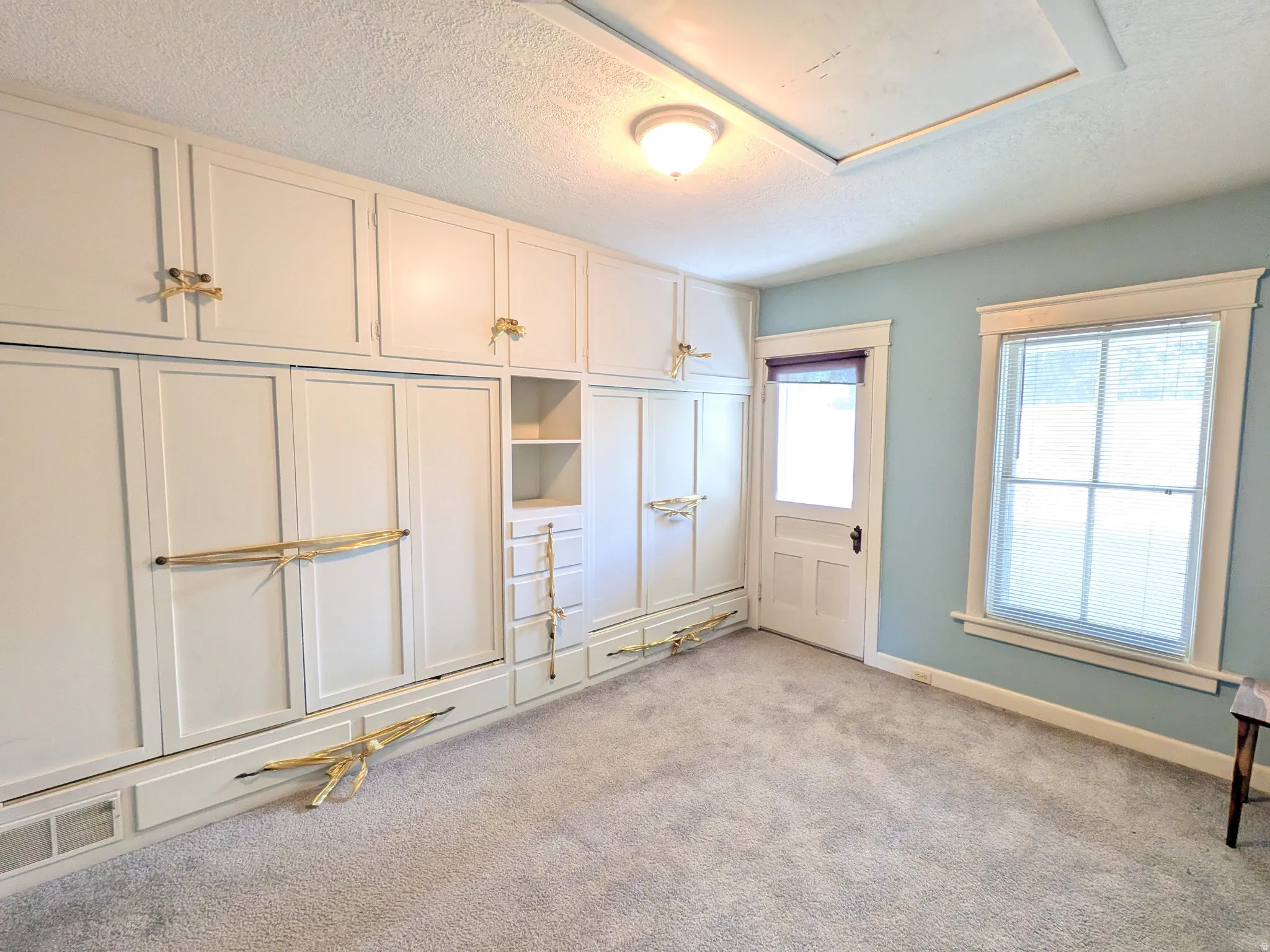Built-in cabinetry with integrated shelving and drawers, window with white trim, paneled door, flush-mount ceiling light