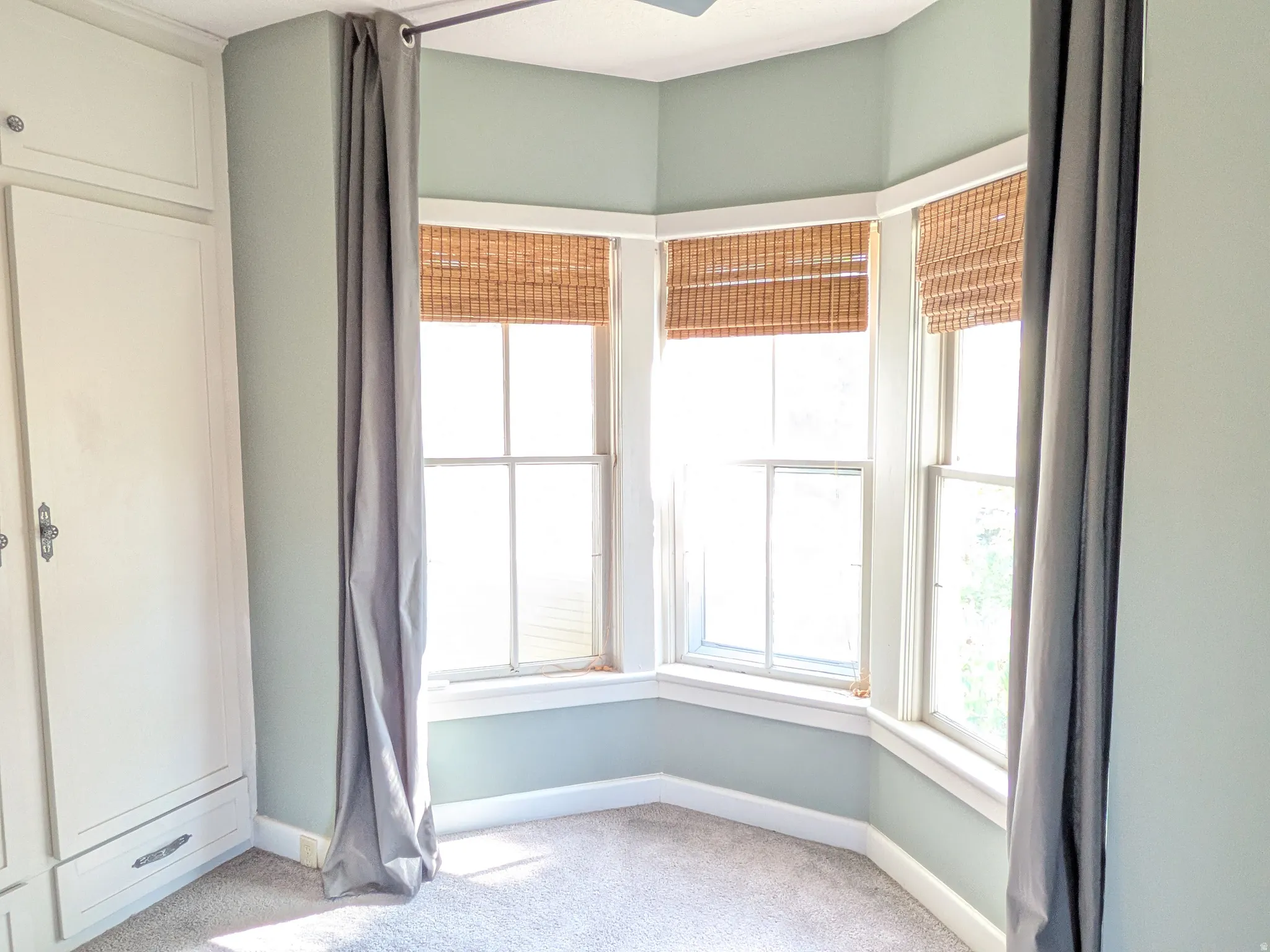Bay window with natural woven shades, built-in cabinetry, and carpet flooring