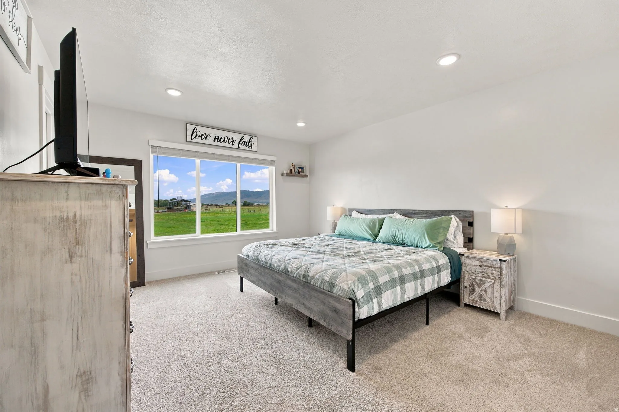 Light-colored carpeting, recessed lighting, and a large window with a scenic backdrop