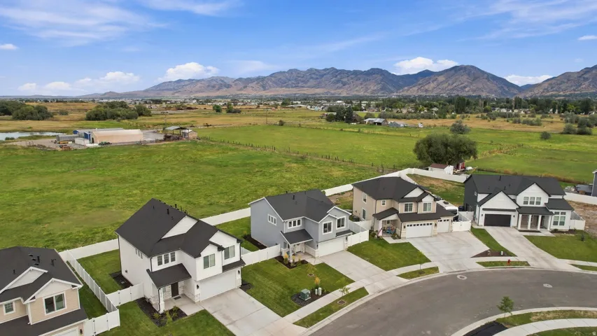 New construction homes with varied exterior finishes, concrete driveways, and manicured lawns, set against a backdrop of distant mountains