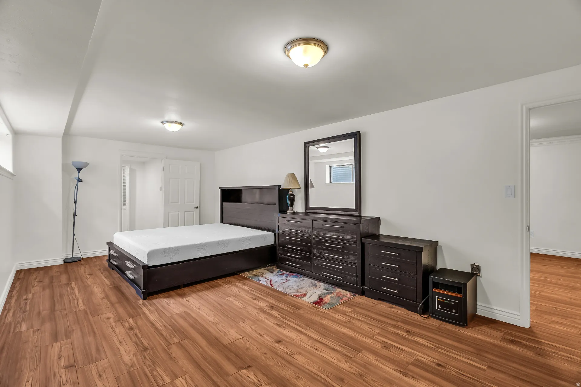 Wood-finish flooring throughout, white painted walls, white trim, and a ceiling-mounted light fixture