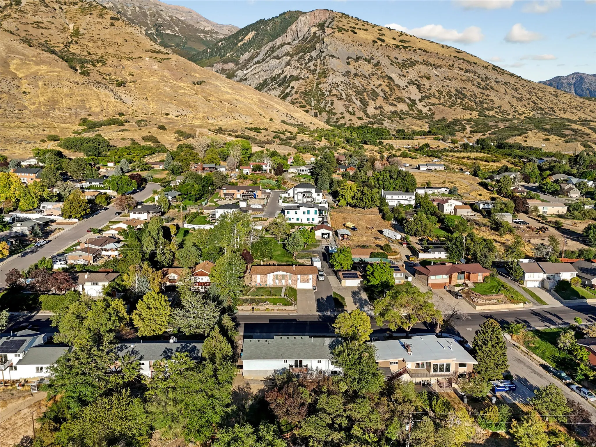 Mountainous terrain surrounding a residential area with varied housing styles and mature trees