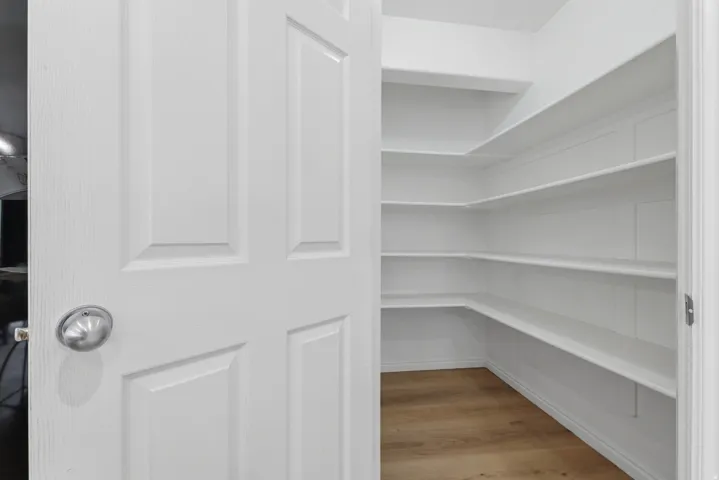 Large walk-in pantry featuring wood-finish LVP flooring and extensive built-in shelving