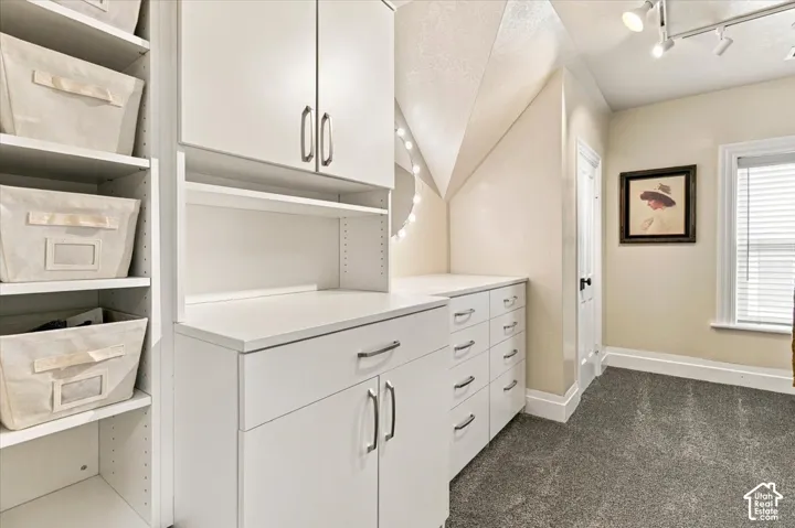 White cabinetry with metal hardware, built-in shelving, track lighting, and a window with blinds