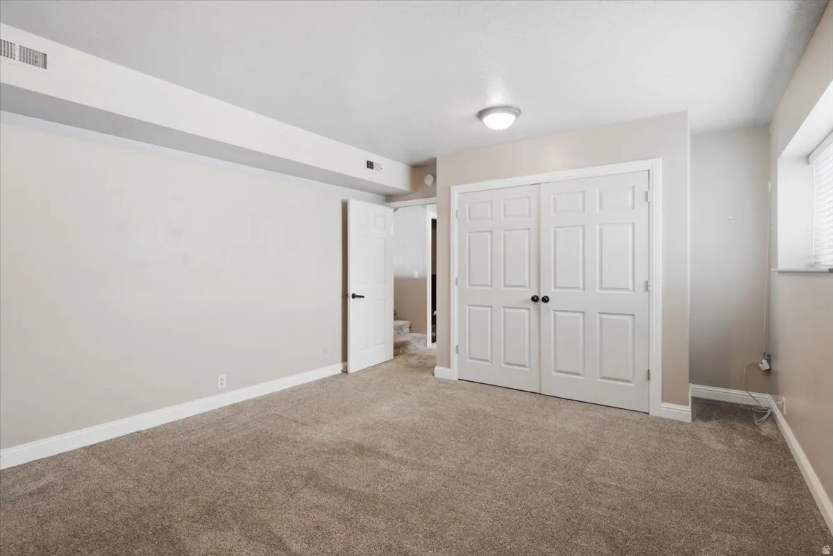 Plush carpeting, neutral wall finishes, white trim, and a white paneled closet door