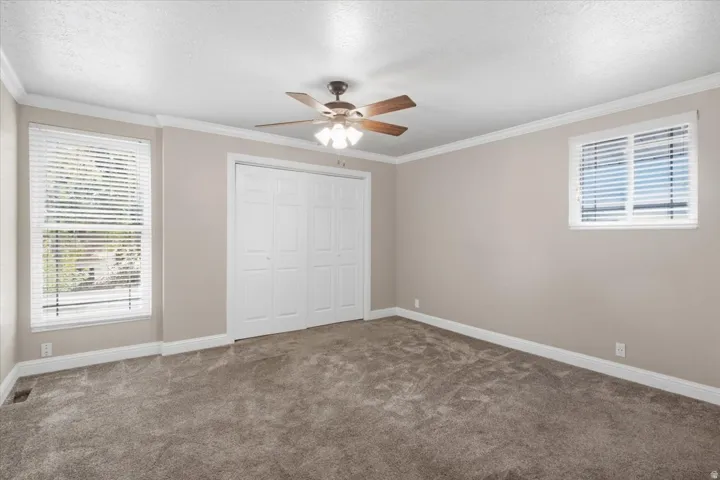 Neutral-toned walls, plush carpet flooring, two windows with blinds, a ceiling fan with light, and bi-fold closet doors