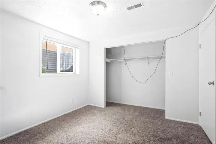 Neutral-toned carpeting, white walls, built-in closet shelving with hanging rod, flush-mount ceiling light, and a white-framed window