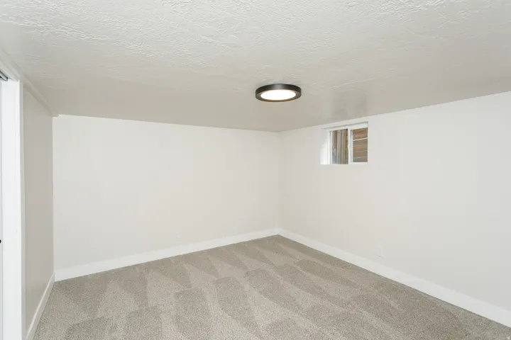 Carpeted flooring with geometric pattern, white walls, and a contemporary ceiling light fixture